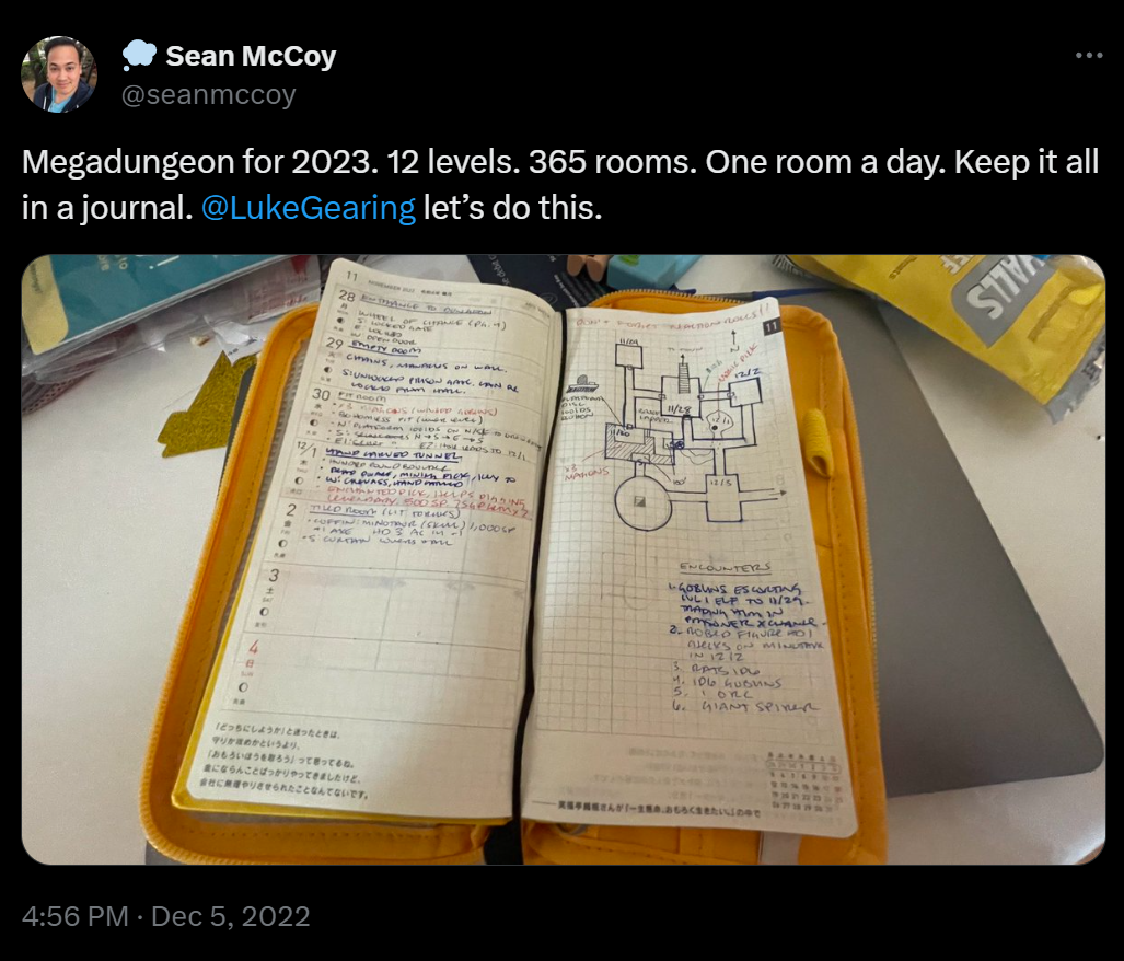 Megadungeon for 2023. 12 levels. 365 rooms. One room a day. Keep it all in a journal. @LukeGearing let's do this.